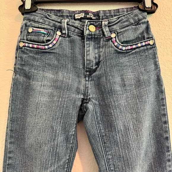 Levi's Blue Distressed Straight-Leg Jeans With Adjustable Waist and Embroidery. - Picture 2 of 13